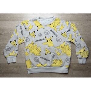 Youth Pokemon Fleece Sweater Pikachu All Over Print Size Small S Beige Yellow